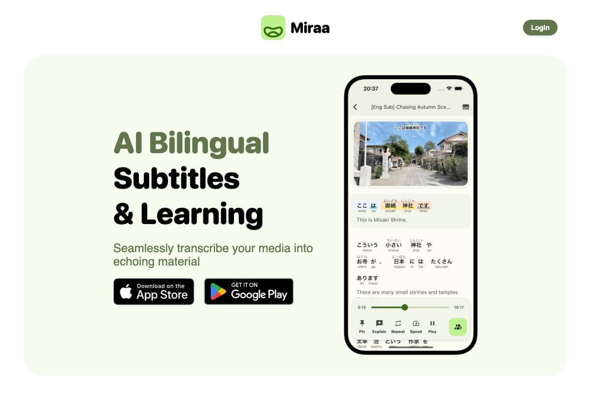 Miraa: AI Bilingual Subtitles and Learning