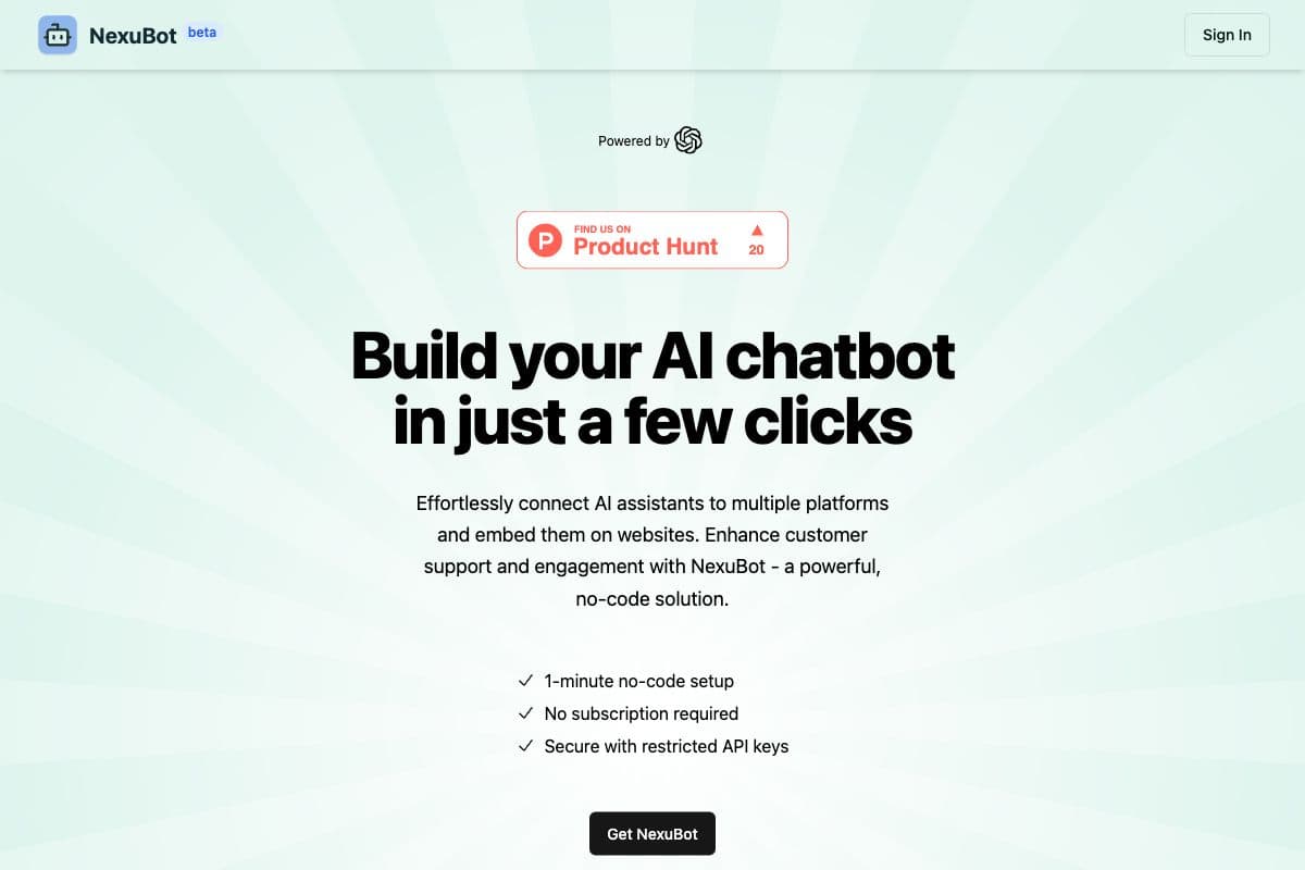 NexuBot - Build AI chatbots effortlessly