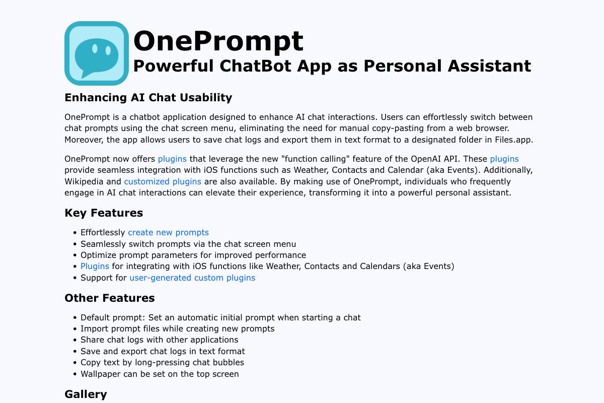 OnePrompt: Powerful ChatBot App as Personal Assistant